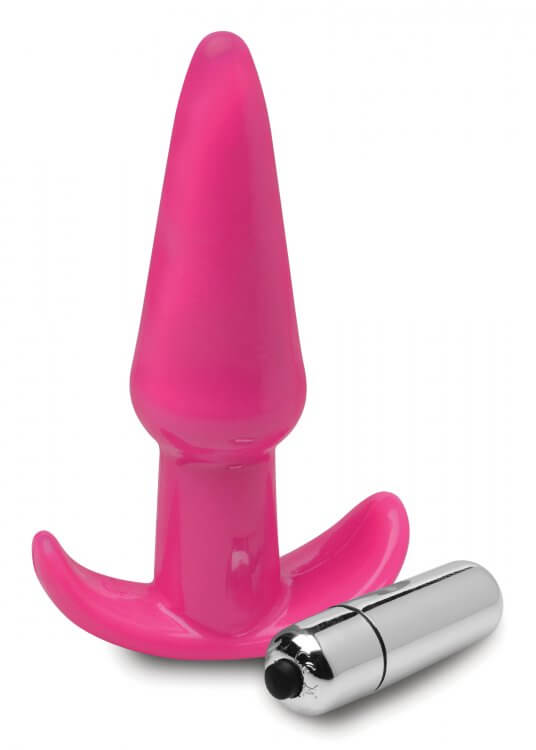 Pink smooth vibrating anal plug by XR Brands with narrow base and bullet vibrator.