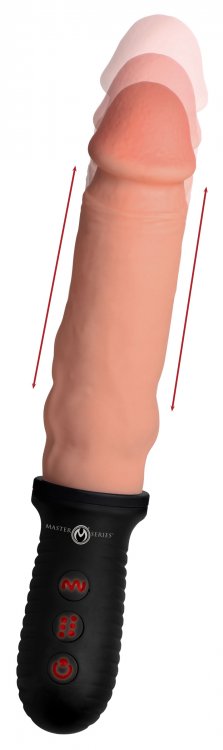 XR Brands Master Series 8X Auto Pounder Beige Dildo with vibrating and thrusting features, black handle with control buttons.