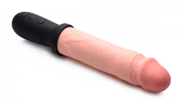 XR Brands Master Series 8X Auto Pounder beige dildo with vibrating and thrusting features, lifelike design, and realistic details.