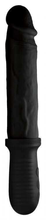 Master Series 8X Auto Pounder Black Dildo with textured shaft and grippy handle for automatic thrusting and 8 vibration modes
