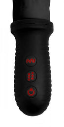 Close-up of black grippy handle with control buttons on the Master Series 8X Auto Pounder Black Dildo by XR Brands.