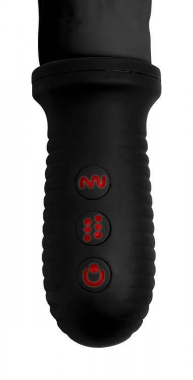 Close-up of black grippy handle with control buttons on the Master Series 8X Auto Pounder Black Dildo by XR Brands.
