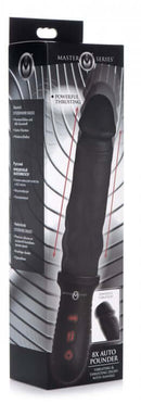 Master Series 8X Auto Pounder Black Dildo in packaging, features automatic thrusting, 8 vibration modes for intense realistic sensations.