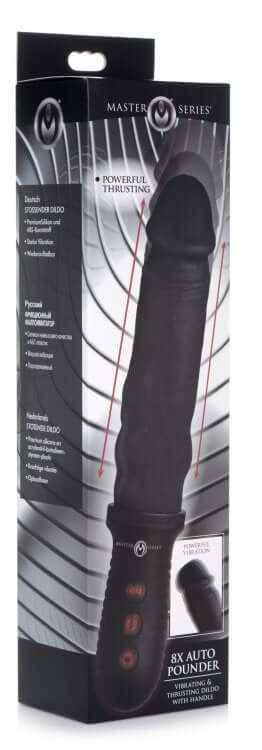 Master Series 8X Auto Pounder Black Dildo in packaging, features automatic thrusting, 8 vibration modes for intense realistic sensations.