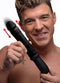 Man holding Master Series 8X Auto Pounder black dildo showcasing automatic thrusting and vibration features.