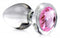 Crystal clear glass anal plug with dazzling pink gem for luxury anal play and temperature play by XR Brands, Booty Sparks large size.