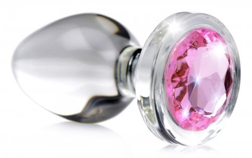 Crystal clear glass anal plug with dazzling pink gem for luxury anal play and temperature play by XR Brands, Booty Sparks large size.