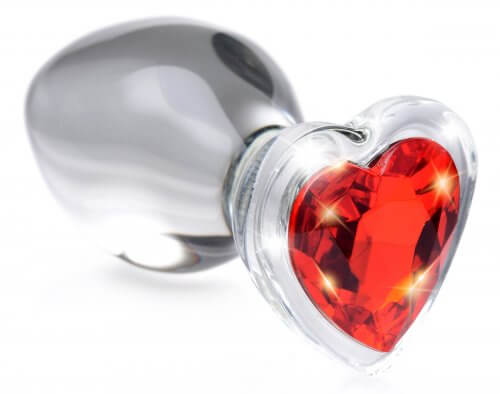 Booty Sparks Red Heart Glass Anal Plug Medium with sparkling red gem by XR Brands for luxurious anal play exploration.