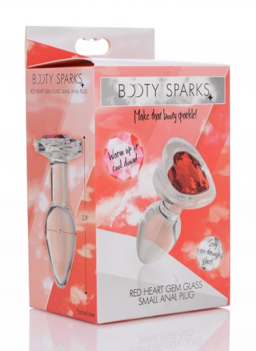 Booty Sparks Red Heart Glass Anal Plug Small packaging with 2.8 inches size and sparkling red heart decor.