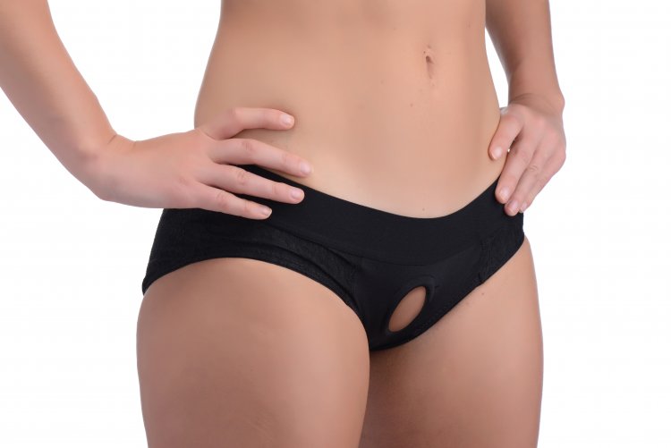 XR Brands Strap U Lace Envy Crotchless Panty Harness Black S/M at $23.99