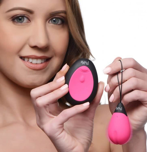XR Brands Bang! 10X Vibrating Silicone Egg with Remote Pink at $29.99