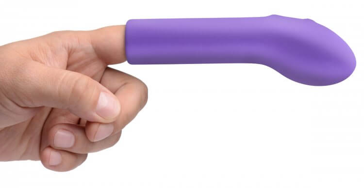 Purple silicone G-Spot pleaser on finger, showcasing curved design and flexible fit for targeted stimulation.