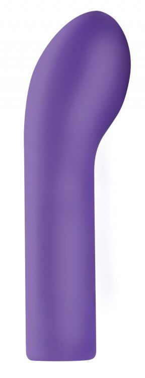 Purple silicone G-Spot pleaser with curved tip for targeted stimulation and 10 vibration modes, perfect for solo or partner play.