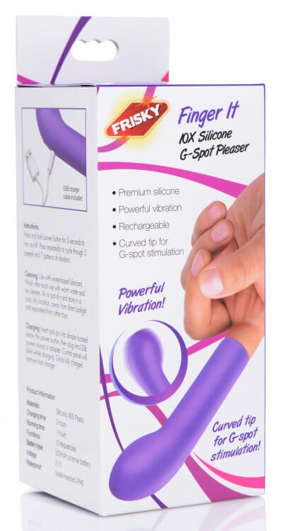 Frisky Finger It 10X Silicone G-Spot Pleaser packaging with curved tip and 10 vibration modes for G-Spot stimulation.