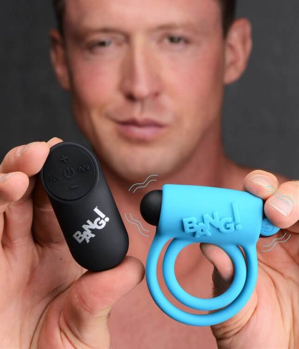 XR Brands Bang! Silicone Cock Ring and Bullet with Remote Control Blue at $29.99