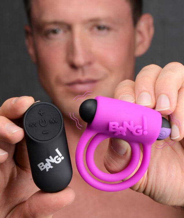 XR Brands Bang! Silicone Cock Ring and Bullet with Remote Control Purple at $29.99