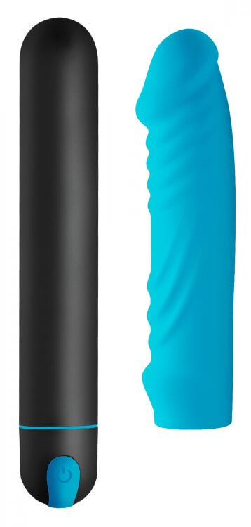 XR Brands Bang! XL Bullet Vibrator and Ribbed Silicone Sleeve Blue at $41.99