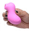Hand holding Shegasm Sucky Duck Clitoral Stimulator, a pink duck-shaped waterproof suction device.