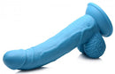 Blue 7.5 inch dildo with realistic balls, veiny shaft, and suction cup base for hands-free or harness play.