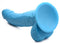 Pop 7.5 inches blue dildo with realistic balls and veiny shaft, suction cup base lying on side, from XR Brands