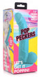 Pop 7.5 inch Blue Dildo with Balls in packaging, featuring a veiny shaft, realistic balls, and suction cup base for hands-free pleasure and harness compatibility.