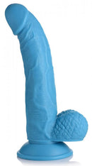 Blue 7.5 inches dildo with balls and suction cup base from XR Brands for hands-free or harness-compatible pleasure.