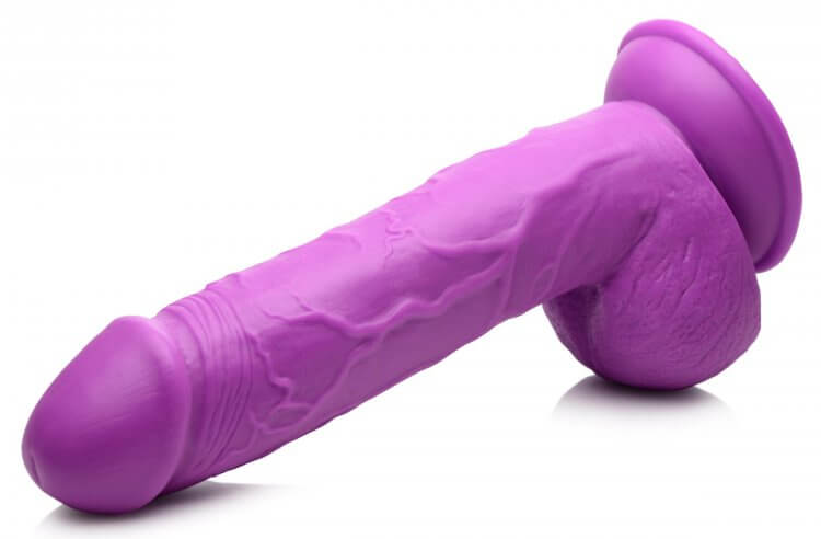 Pop Peckers 8.25-Inch purple dildo with suction cup and veiny shaft for hands-free and strap-on play.