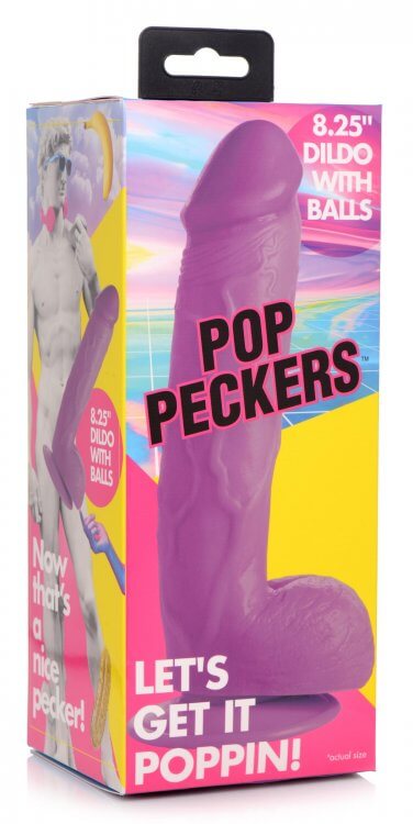 Pop Peckers 8.25-Inch Purple Dildo with Balls in packaging with colorful design and suction cup base