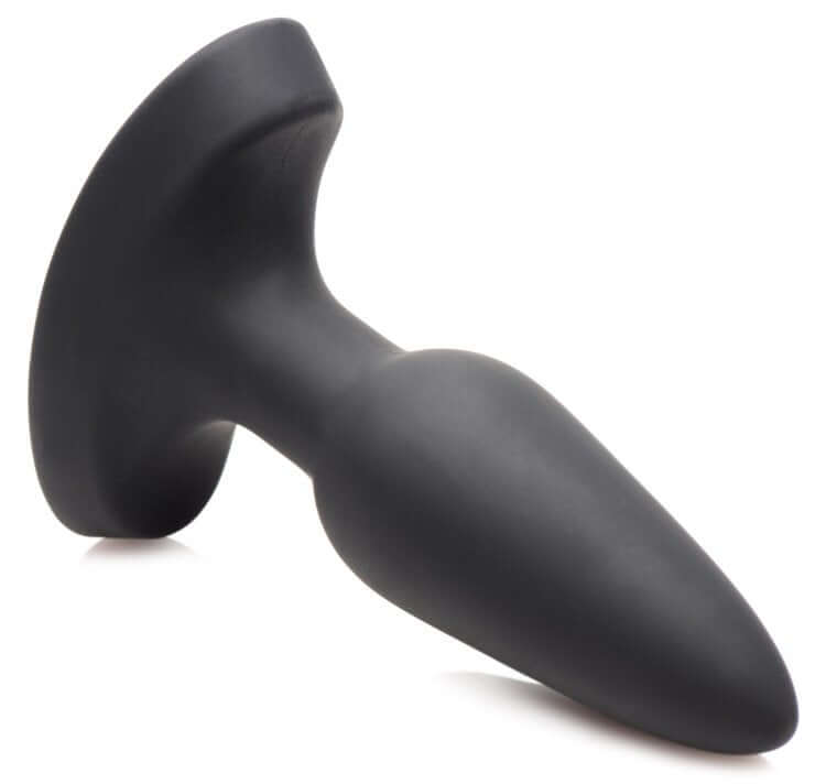 Small black anal plug with tapered design and base for safe insertion.