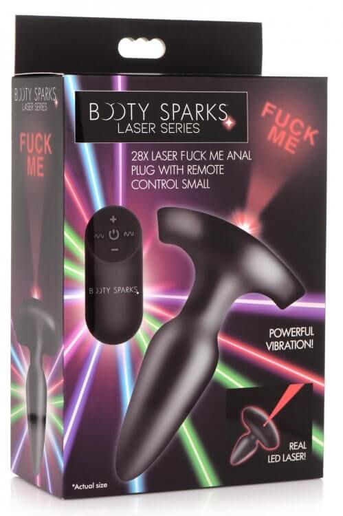 Booty Sparks Laser Series Small Anal Plug with Remote Control in packaging, featuring "Fuck Me" laser light and powerful vibration.