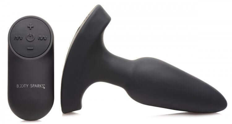 Booty Sparks Laser Fuck Me Anal Plug with Remote Control in black silicone, features vibration patterns and laser light display.