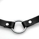 Elegant black PU leather choker with silver O-ring accent, featuring adjustable design for stylish versatility.