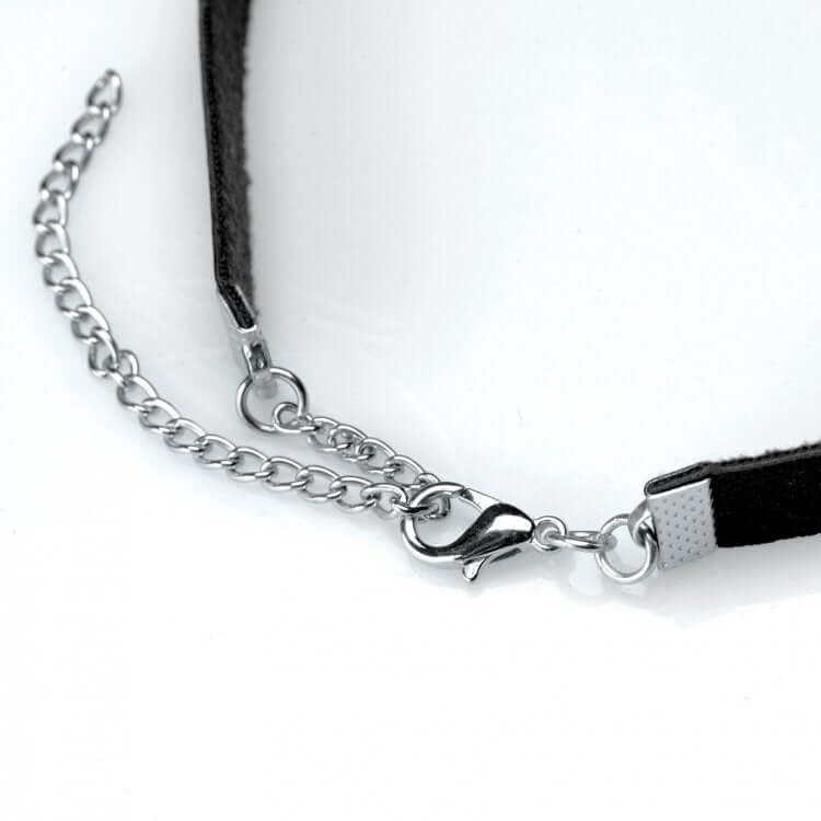 Adjustable black PU leather choker with silver chain and clasp detail from Master Series Lush Pet collection.