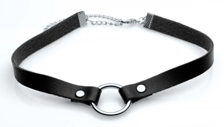 Black PU leather adjustable choker with silver O-ring accent, Master Series Lush Pet Slim Collar.