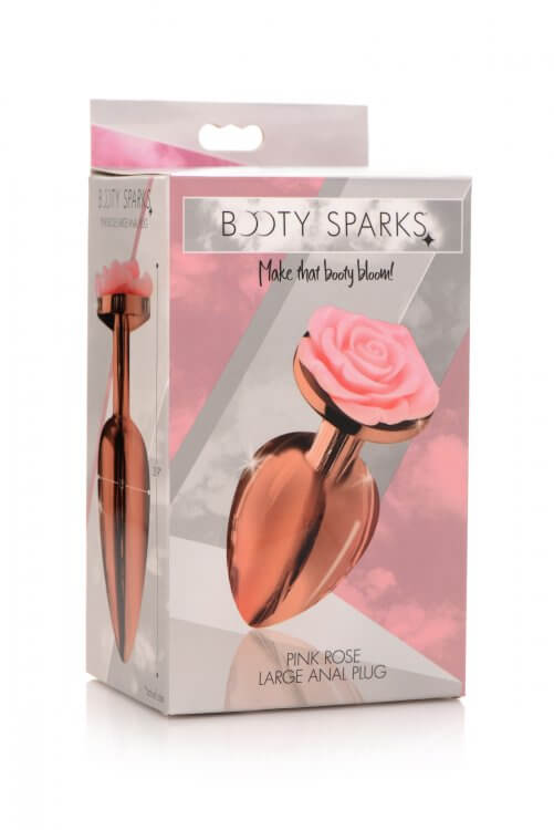 Booty Sparks Pink Rose Gold Large Anal Plug with Rose Flower Design in packaging