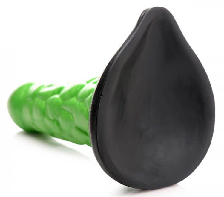 Radioactive reptile thick scaly dildo with black flanged base and green metallic scales from XR Brands.