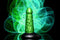 Radioactive Reptile Thick Scaly Dildo in metallic green with black base on glowing green background