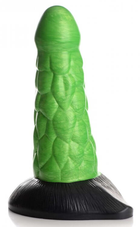 Creature Cocks Radioactive Reptile Thick Scaly Dildo with metallic green scales and black suction cup base for hands-free use.