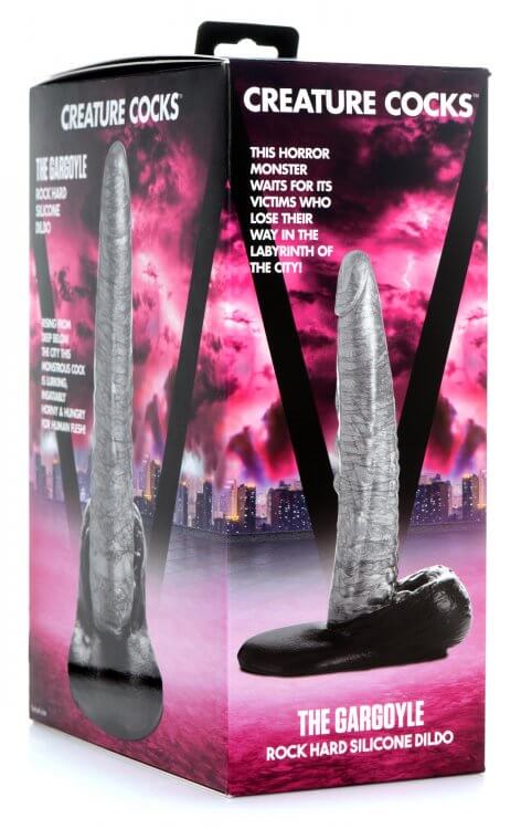 Creature Cocks The Gargoyle Rock Hard Silicone Dildo packaging with city skyline background