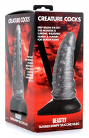 Creature Cocks Beastly Tapered Bumpy Silicone Dildo in packaging with red background and horror-themed graphics.
