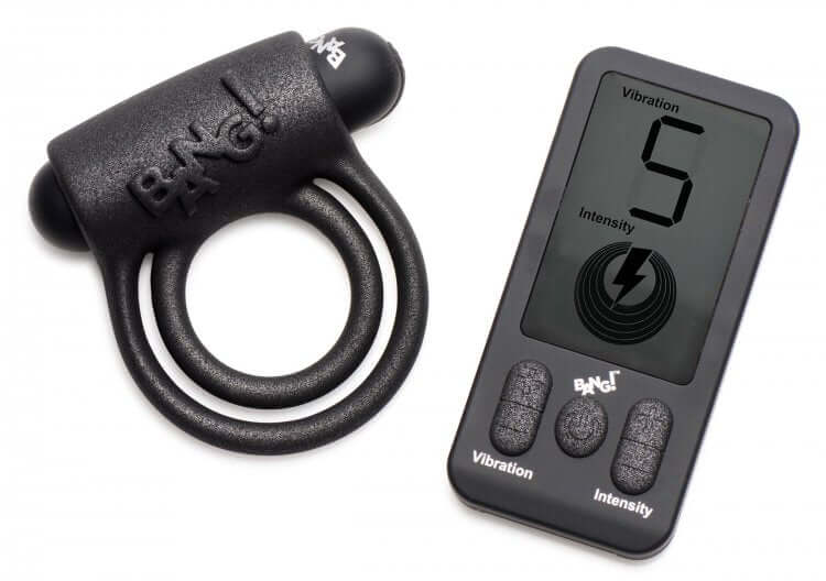 Bang! Platinum Series cock ring with remote control, featuring dual rings for enhanced pleasure and adjustable vibration intensity.