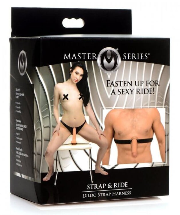 Master Series Strap and Ride Dildo Strap Harness package showing female model using the strap harness.