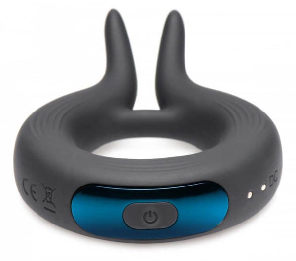 Vibrating dual motor cock ring with silicone viper design in black.