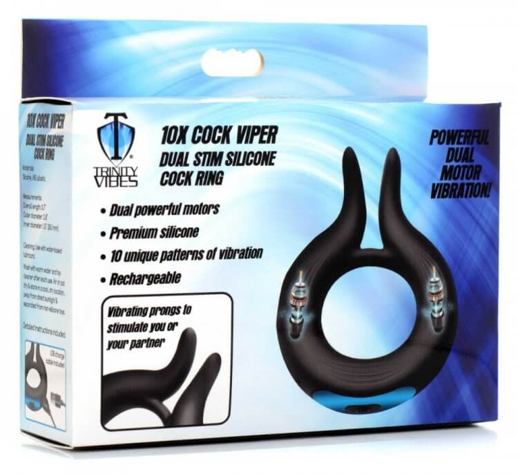 Trinity Vibes 10X Cock Viper Dual Stim Silicone Cock Ring with dual motors and 10 vibration patterns in packaging.