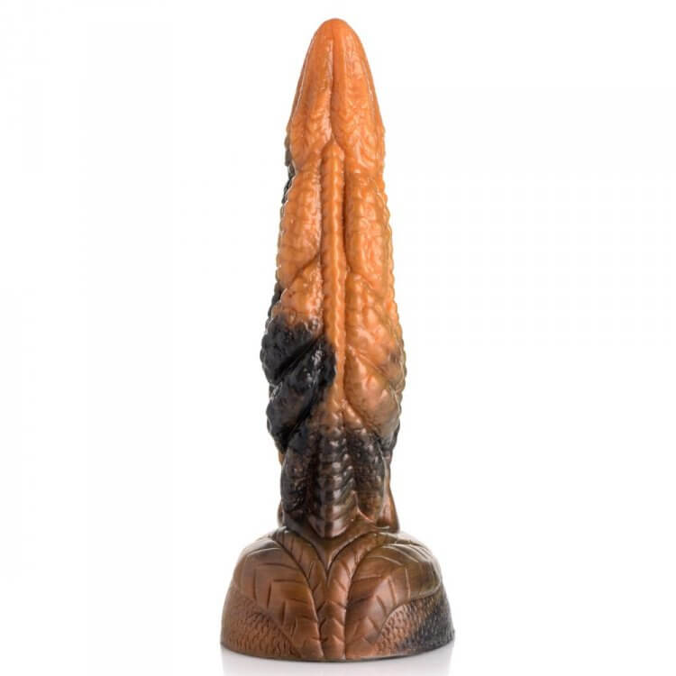 Creature Cocks Ravager Rippled Tentacle Silicone Dildo in marbled red, orange, and brown with a suction cup base from XR Brands.