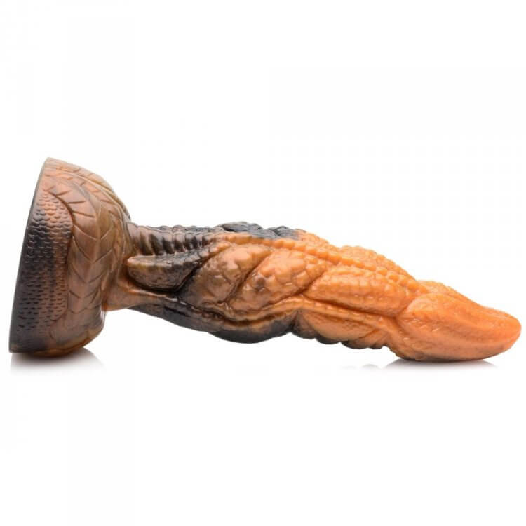 Creature Cocks Ravager Rippled Tentacle Silicone Dildo with suction cup base in marbled red, orange and brown showing fine details and texture