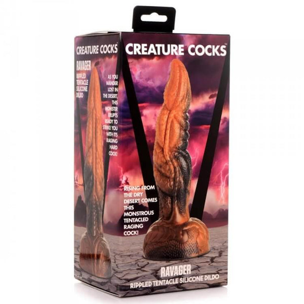Creature Cocks Ravager Rippled Tentacle Silicone Dildo in marbled red, orange, and brown packaging showing the muscular and wavy design.
