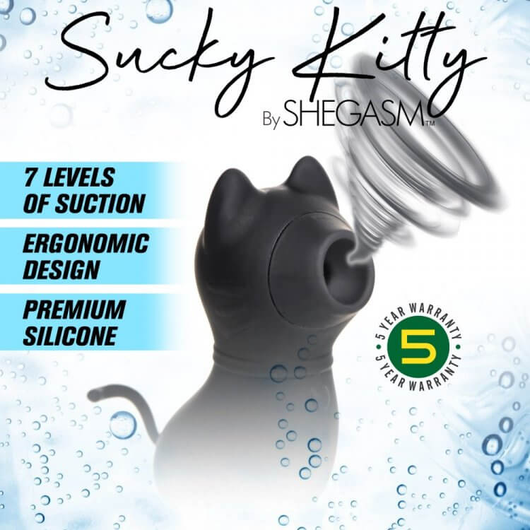 Shegasm Sucky Kitty 7X Clitoral Stimulator - Black, Waterproof, and Rechargeable