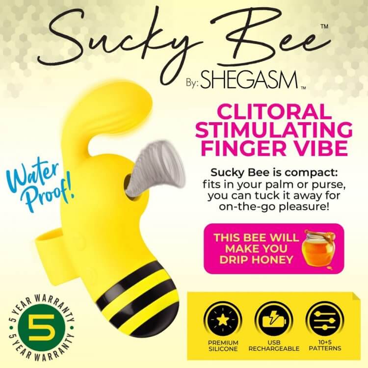 Shegasm Sucky Bee Clit Stimulator Finger Vibe, waterproof design, compact size, 10 vibration modes, vibrant colors.