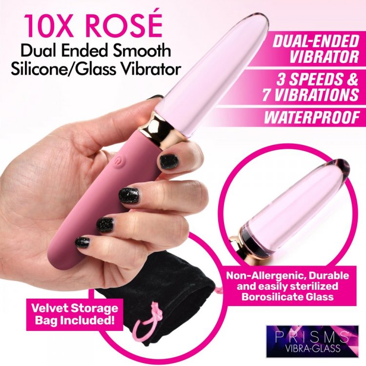 Prisms Vibra-Glass 10X Rose Dual Ended Glass Vibrator | Silicone and Glass Combination | 3 Speeds, 7 Patterns | Waterproof Rechargeable Toy